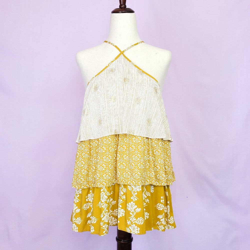 LC Lauren Conrad tiered halter top in gold, yellow, and white